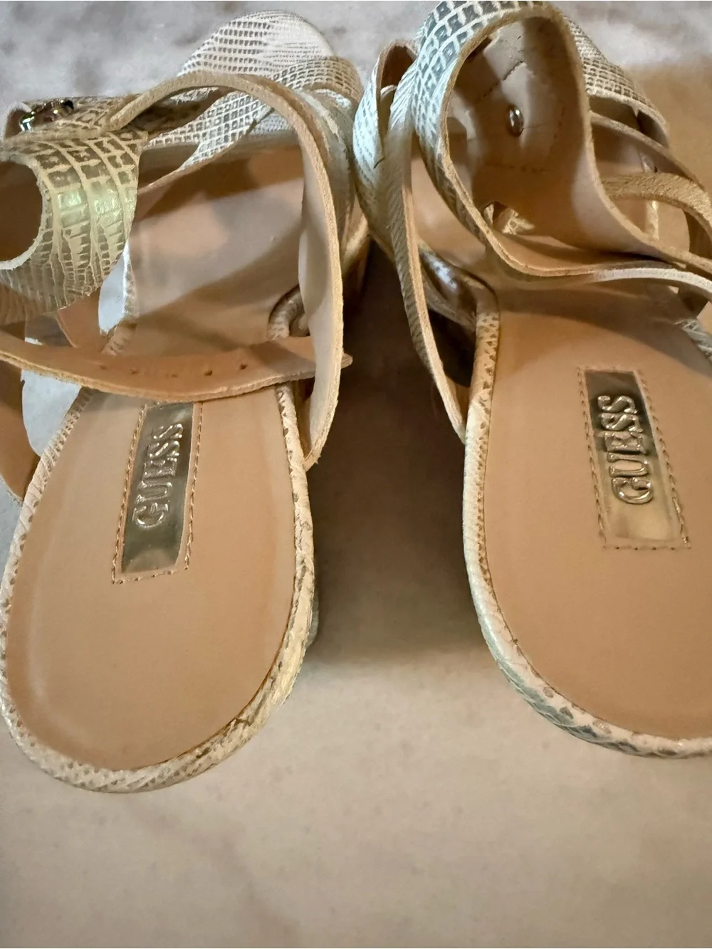 GUESS White Textured Cork Wedge Sandals